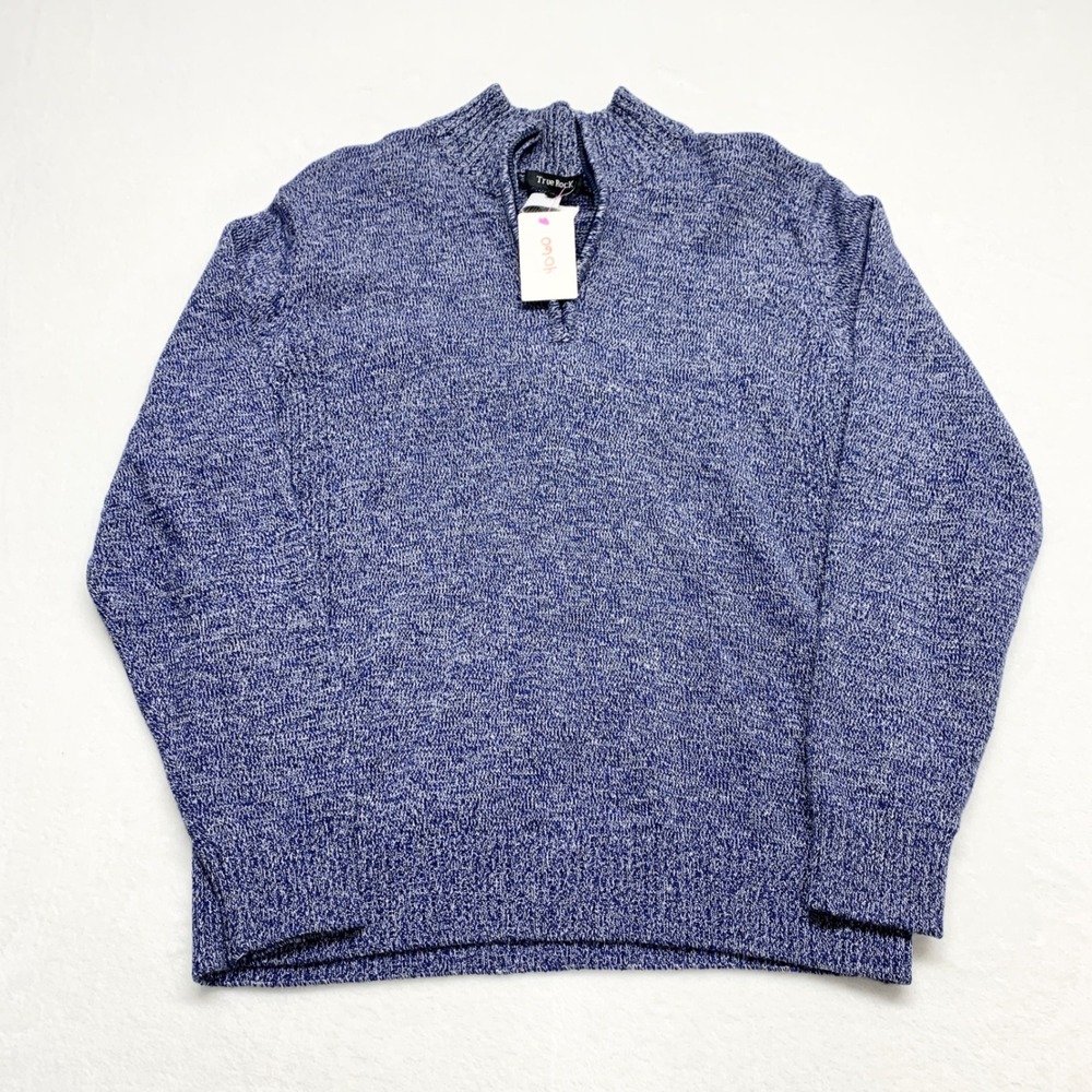 True Rock‎ Quarter Zip Sweater Mens Size XL Blue Marled Knit Cotton Pullover